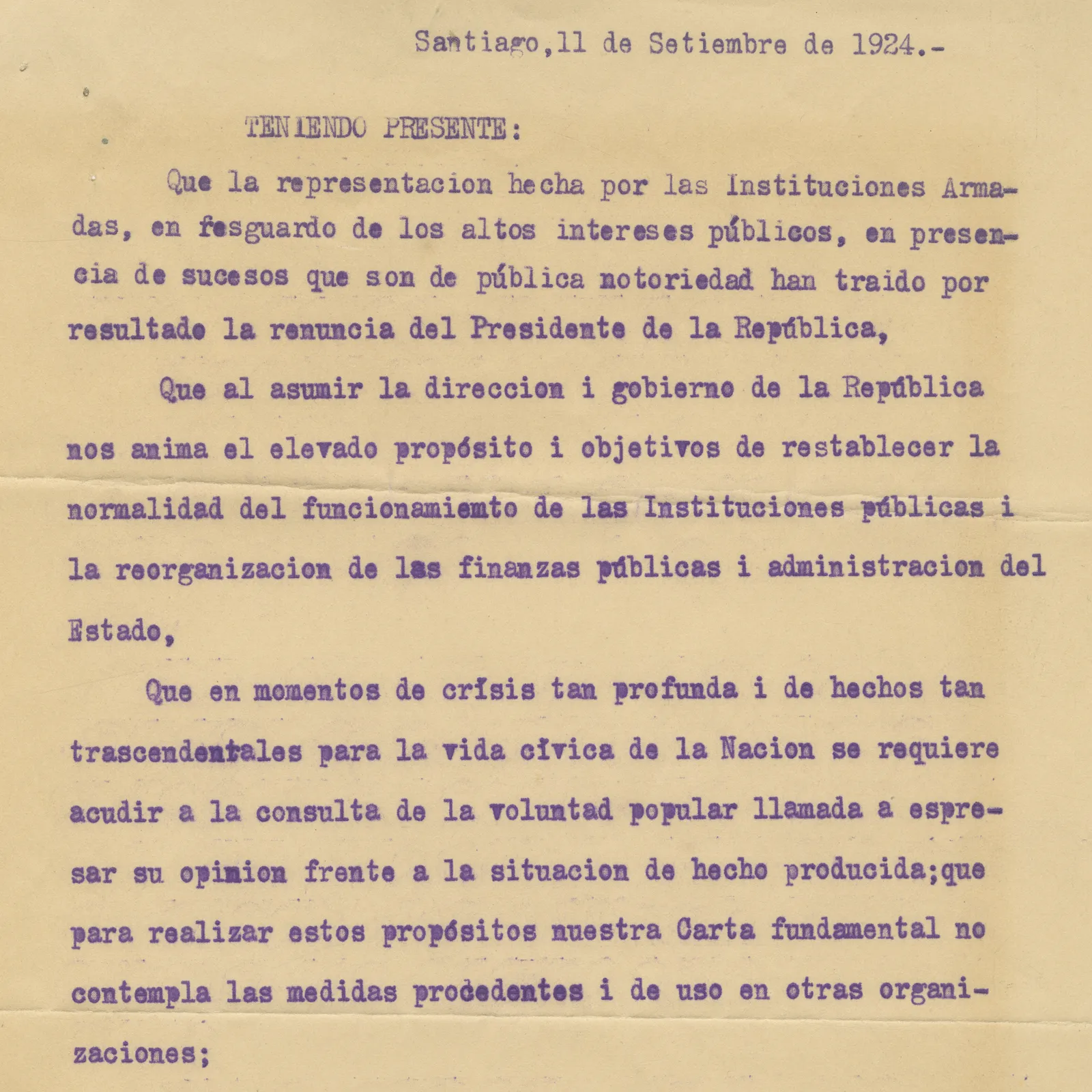 Miniatura del objeto Comunicado de la renuncia del Presidente, la disolución del Congreso Nacional y la asunción de la junta militar